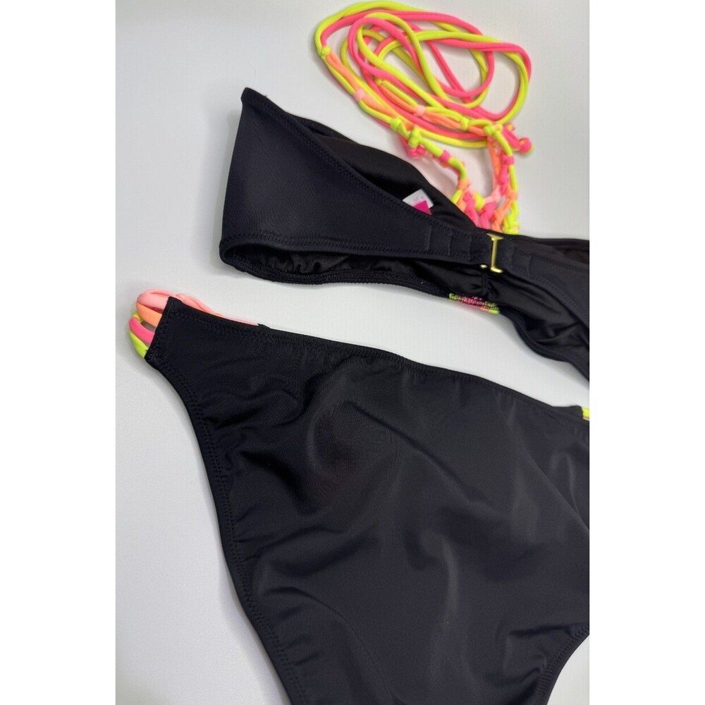 Victoria's Secret Black Hot Pink Orange Yellow NEON Strappy Cheeky Swim Set Med - Picture 4 of 16